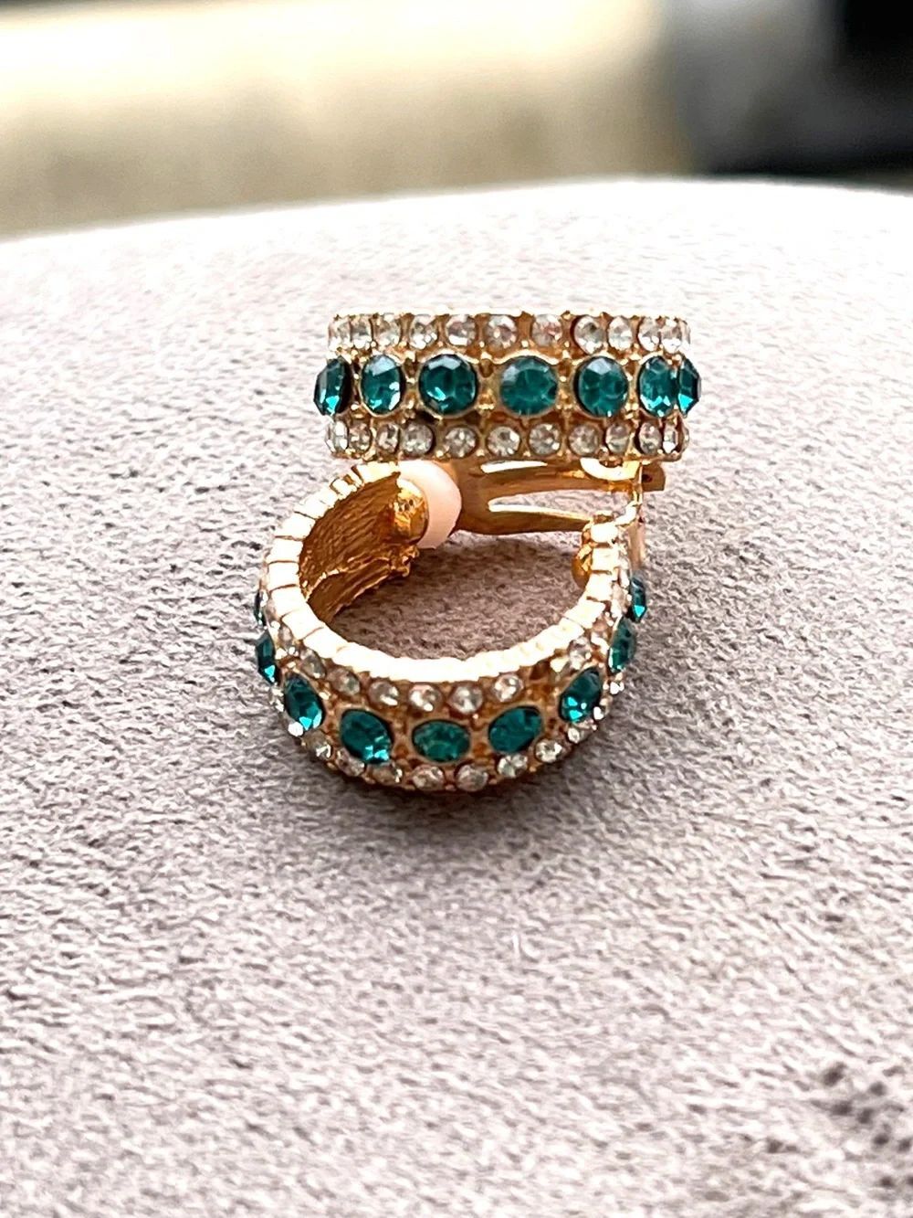Gold Tone Clip On Hoop Earrings with Teal and Clear Crystals